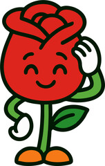 Vector illustration of a smiling red rose cartoon character with green stem, expressive eyes, and friendly pose, perfect for mascot, kids, and decorative design.