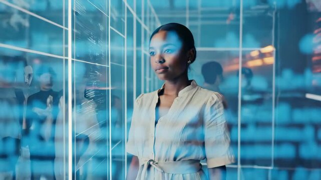Business person in front of dynamic digital interface background. Data analysis, holographic display, information, online database projector