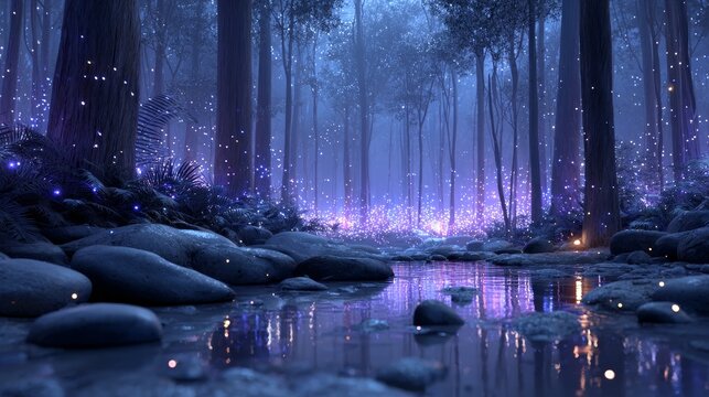 A serene nighttime forest stream illuminated by glowing fireflies, with purple hues and reflective water creating a magical atmosphere.