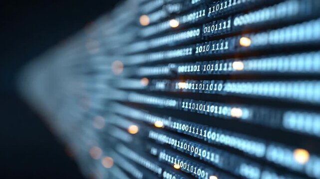 Digital Data Stream: A captivating visual of a digital data stream flowing dynamically, represented by binary code with a futuristic glow. Conveying the essence of technology, computing.