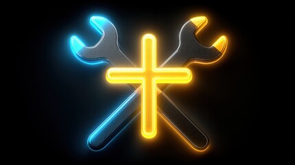 Obraz premium Neon Crossed Wrenches Symbolizing Repair, Maintenance, and Technical Services in a Vibrant Digital Art Style