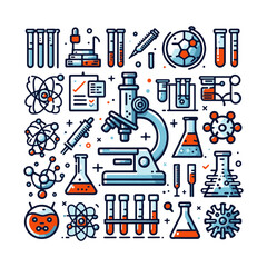  Science microscope, test tubes, icons set