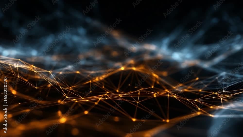 Poster digital web: an abstract visualization of a complex network, rendered in vibrant orange and blue hue