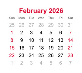 Monthly calendar of February 2026 on transparent background