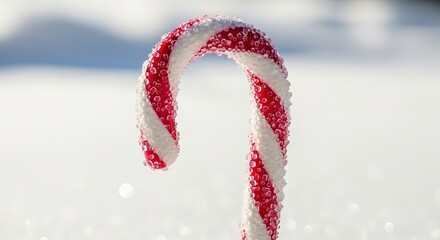 Frosty red and white candy cane glistening with ice crystals in a winter wonderland setting