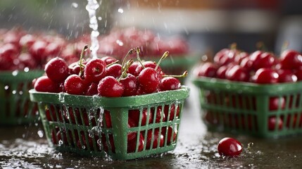 Red cherries in green baskets are being washed with clear water, showing fresh and juicy appearance.