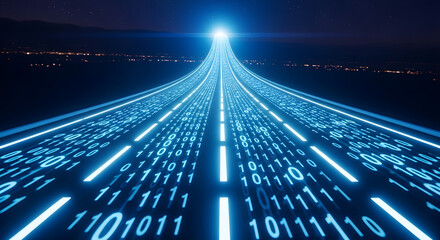 A high speed data highway of binary code flowing towards a futuristic city skyline. Represents information transfer, big data, internet speed, and modern technology.