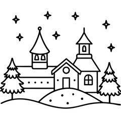 Christmas village line art vector illustration
