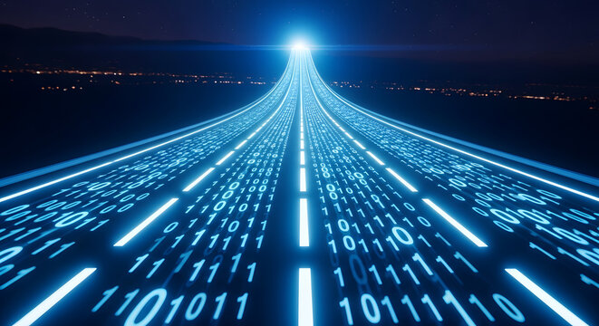 A high speed data highway of binary code flowing towards a futuristic city skyline. Represents information transfer, big data, internet speed, and modern technology.