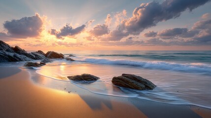 Golden sunset casts warm glow over calm sea, with waves gently lapping rocky beach and soft clouds in the sky.
