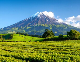 Fototapeta premium Lush green tea plantation before a majestic snow-capped volcano under a vibrant blue sky