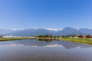 安曇野の水田に映る北アルプスの風景