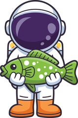 Cartoon astronaut in white-orange suit holding green spotted fish — whimsical space character with aquatic twist for fun themed designs