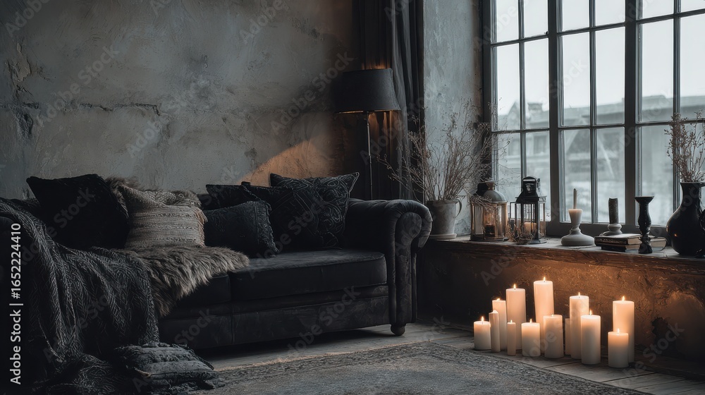 Aufkleber black lamp standing by a sofa and a row of candles lying on the floor in front of a window shedding 