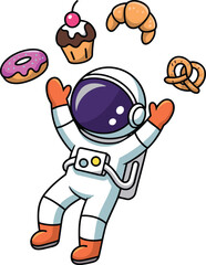 Cartoon astronaut juggling donut, cupcake, croissant, and pretzel — playful cosmic character enjoying floating pastries in whimsical space scene