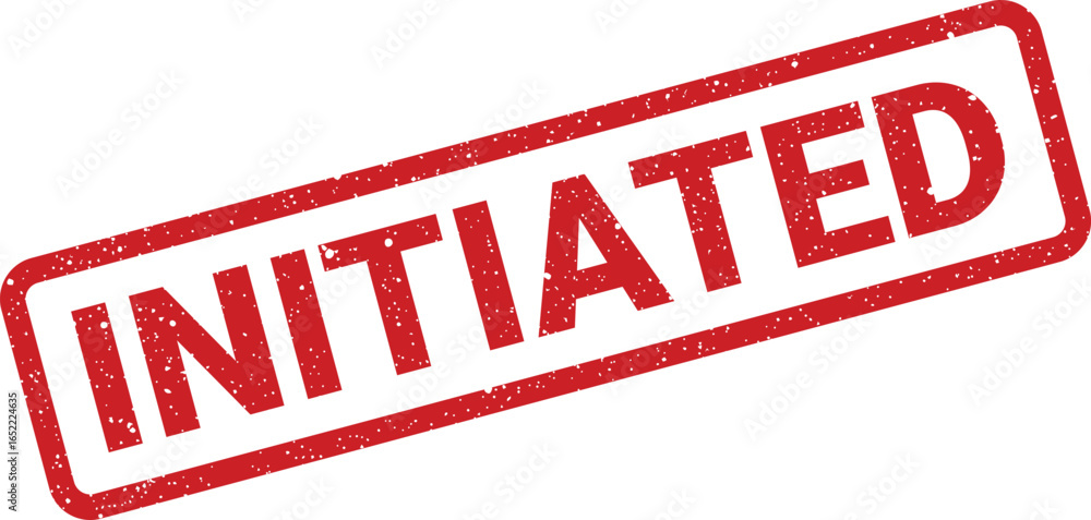 Poster red rectangular stamp with the word initiated printed in white uppercase letters