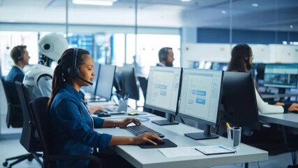 Diverse Teamwork: Human Agents and Robot Working Together in Modern Office - Powered by Adobe