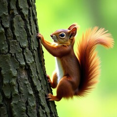 Fototapeta premium Wild squirrel ascends tree trunk, bushy tail held high, winter, sharp