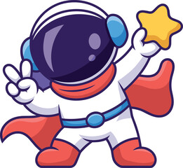 Cartoon astronaut with star and peace sign, superhero-style space character, whimsical illustration, playful cosmic theme, vector art