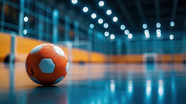 Indoor sports hall with a handball resting on polished floor, goal post blurred in the background, symbolizing team practice