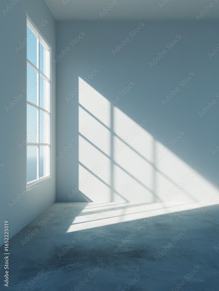 Poster soft sunlight filters through a window casting geometric shadows on a white wall and floor the minim