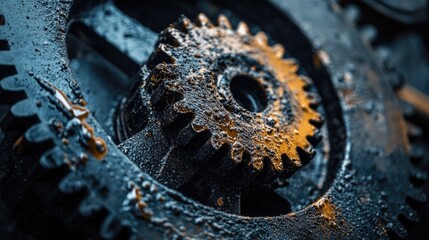 Macro photography of old machinery cogwheels covered in grease and dust, symbolizing heavy industry and mechanical heritage