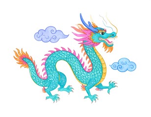 Fototapeta premium Colorful dragon illustration with clouds