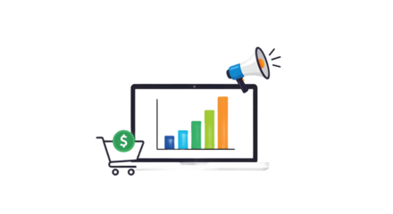 Laptop with bar graph, shopping cart, dollar coin, and megaphone icon