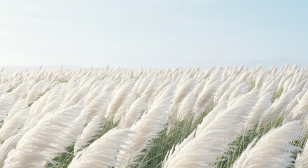 Fototapeta premium Serene Field of White Pampas Grass Swaying Gently in Soft, Bright Sunlight