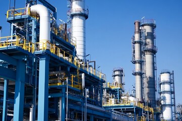 Fototapeta premium Industrial plant with pipes and towers against a clear sky