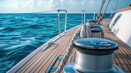 Modern sailboat deck with twin winches and thick ropes, calm turquoise waters in the distance