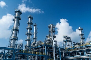 Fototapeta premium Industrial plant with tall metal towers against a clear blue sky