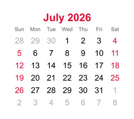 Monthly calendar of July 2026 on transparent background