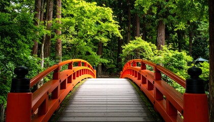 Red bridge through lush green forest
