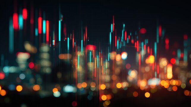 abstract glowing big data forex candlestick chart on blurry city backdrop trade technology investment and analysis concept double exposure no logos no brands ar 169