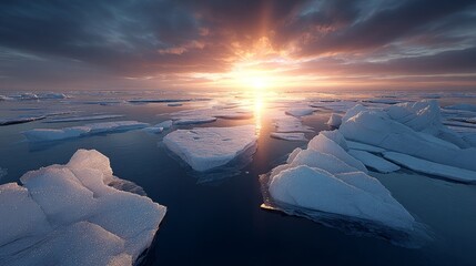 A beautiful sunset illuminates arctic sea with floating icebergs and blue water under a cloudy sky.