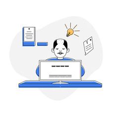 Flat Illustration of Balding Man in Front of Computer Having an Idea