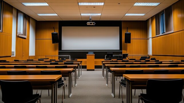 Quiet university lecture room with long tables, academic podium, and projector screen, absent of students, ready for session