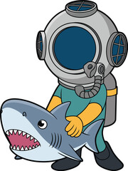 Cartoon diver in vintage helmet holding playful shark, teal shirt, yellow gloves, imaginative underwater character and marine life design