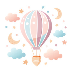 Hand Drawn Hot Air Balloon with Cartoon Moon and Stars