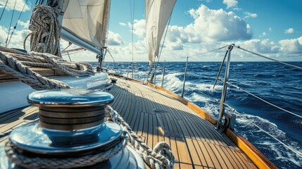 Obraz premium Sailboat deck showing winch and taut rope under tension, sails catching the wind on a sunny day at sea