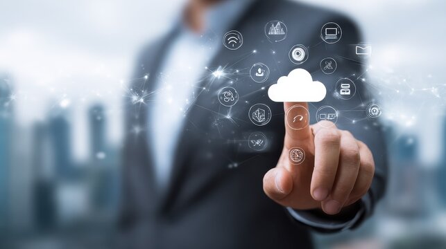 cloud service concept with man finger touching digital screen with cloud service application icons at abstract city background no logos no brands ar 169