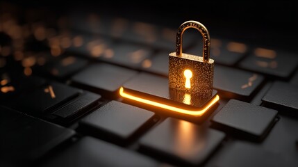 Illuminated Padlock Icon on Glowing Key of Black Computer