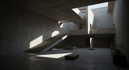 Obraz premium Stark Concrete Brutalist Interior with Dramatic Sunlit Staircase and Geometric Shadows