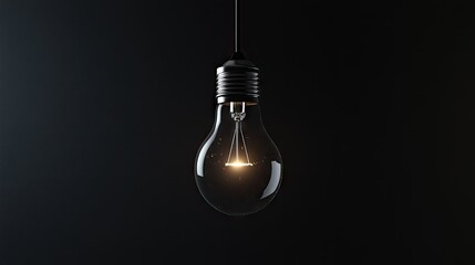 Single LED light bulb floating against deep black background, illuminated softly to symbolize innovation and sustainability