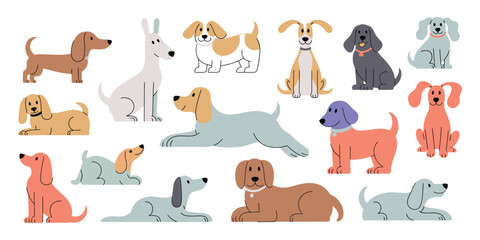 Cute Dogs Doodle Vector Set Featuring Cartoon Puppy Characters in Various Poses with Flat Colors Isolated on White Background for Funny Pet or Animal Design Projects