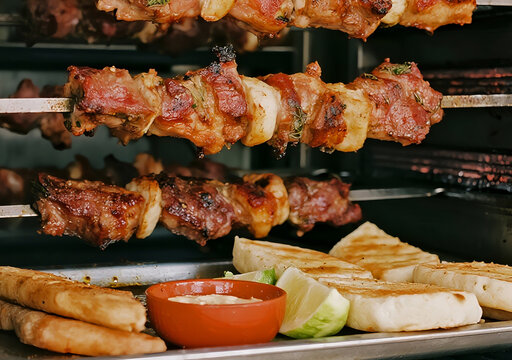 Traditional Greek Kontosouvli, large marinated pork chunks grilled on skewers, served with pita bread, lime, and dip, a popular Mediterranean street food and festive barbecue dish