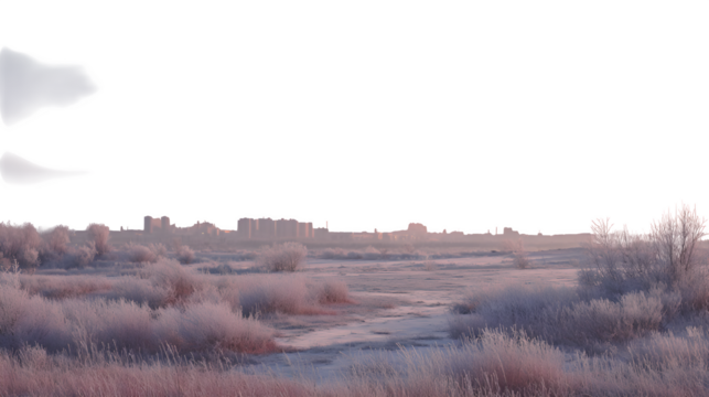 Frosty field with distant city 3d rendered, isolated on transparent background