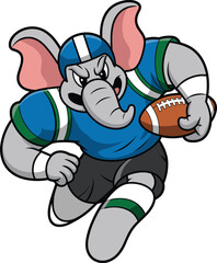 Cartoon elephant football player in blue jersey and helmet, black shorts, running with ball, determined expression, fun sports mascot