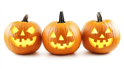 Fototapeta premium Three Halloween pumpkins with carved spooky faces, glowing inside, isolated on a clean white background